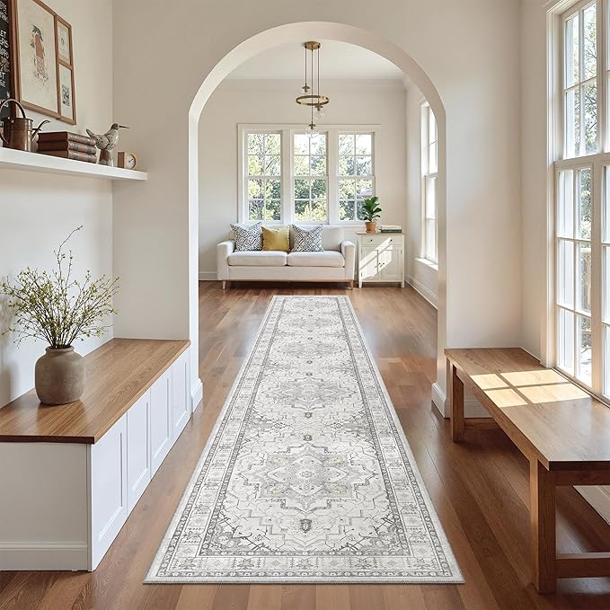 Madane Hallway Runner Rug 2x12, Long Washable Runner Rugs 12ft with Rubber Backing, Non Slip Carpet Runner, Vintage Rug Runners for Kitchen Laundry Room Entryway (Grey, 2'x12')