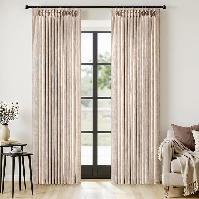 MIULEE Pinch Pleated Thick Linen Curtains 90 Inches Long 2 Panels for Living Room Bedroom, Linen Textured Memory Trained Pleat Drapes Back Tab Light Filtering Sand Beige Window Curtains with Hooks