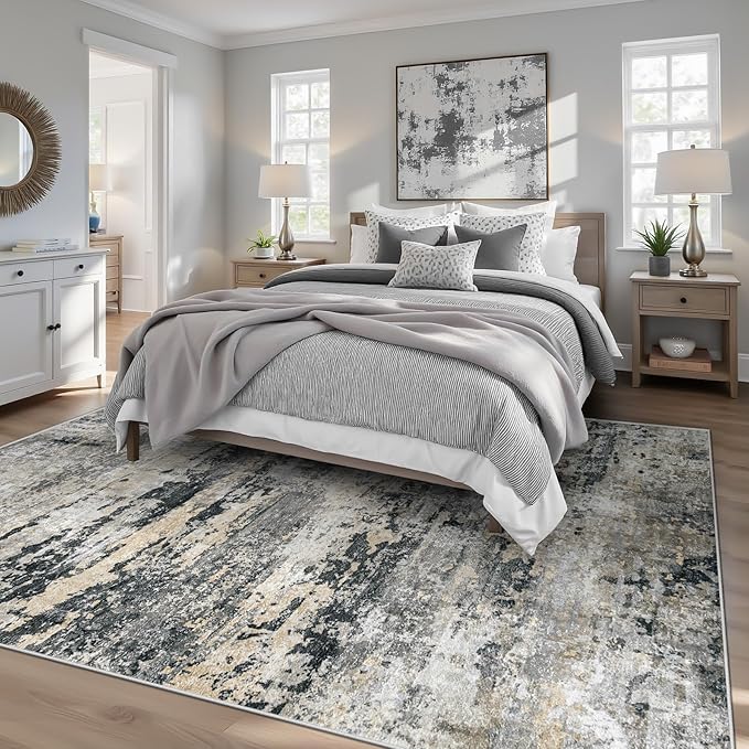 Area Rugs 5x7 for Living Room: Washable Rug Modern Abstract Neutral Soft Non-Slip Low-Pile Indoor Carpet for Bedroom Dining Room Playroom Home Office (Black Grey Brown, 5'x7')