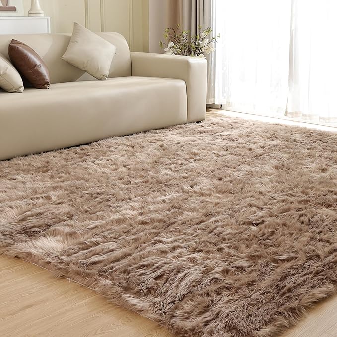 ORINOVA Beige Area Rugs for Living Room Bedroom Nursery 9X12 Washable Faux Sheepskin Fluffy Fur Rug Kids Room Decor Soft Cozy Home Décor