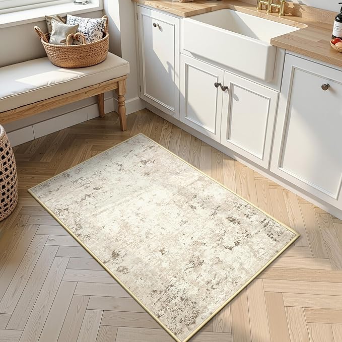 Toneed Entryway Rug 2x3 Door Mat for Indoor Entrance, Washable Small Throw Rug for Kitchen Floor, Front Door, Bedroom Bedside, Non-Slip Low Pile, Abstract Beige