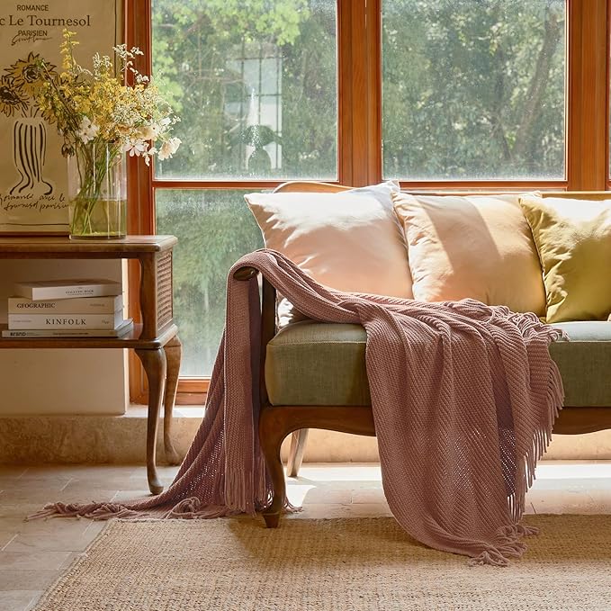 lifein Throw Blanket for Couch, Soft Boho Decor Bed Throw,Cozy Chenille Knitted Small Farmhouse Lightweight Throw (Pink,60 * 80")