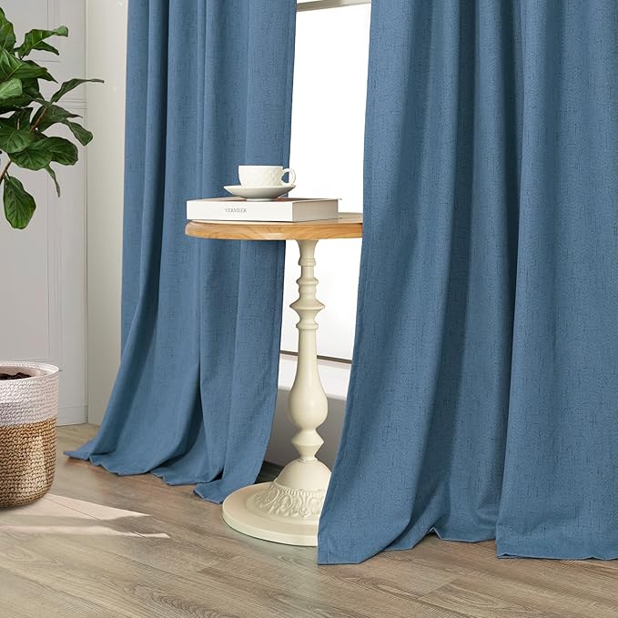 Denim Blue Living Room Darkening Curtains 72 Inches Long 2 Panels Set Faux Linen Cute Black Out Window Drapes for Bedroom Insulated Thermal Curtain for Summer Heat Winter Breakfast Nook 52x72 Length