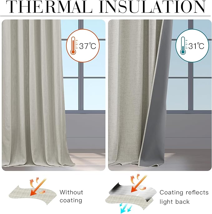RYB HOME Cream 100% Blackout Linen Curtains 78 inch Long, Thermal Insulated & Privacy Assurd Home Decor Drapes for Bedroom/Office/Nursery, Rod Pocket & Back Tab Window Treatment, W52 X L78, 2 Panels