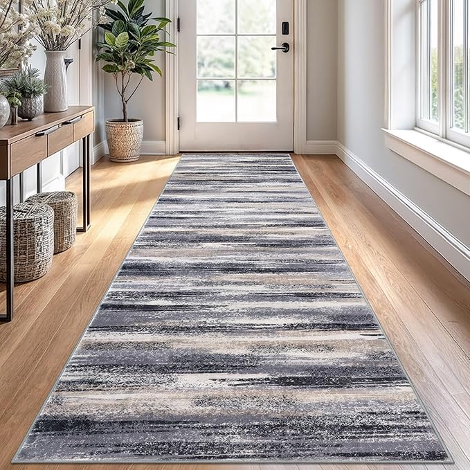 Lansny Modern Abstract Runner Rug 2.6x10, Grey Black Multi Washable Long Kitchen Runner Non-Slip Soft Hallway Rug Runner Thin Print Faux Wool Carpet for Entryway Bedroom Laundry Room Indoor Home Decor