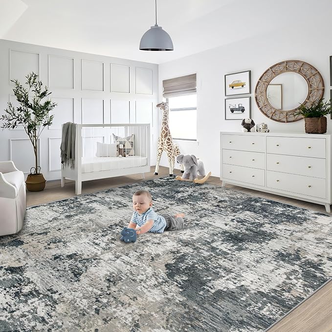 XLUEZ 8x10 Area Rugs for Living Room, Washable Modern Abstract Large Area Rug Neutral Soft Non Slip Kids Rug Stain Resistant Indoor Carpet for Bedroom Nursery Dining Room Playroom(GreyWhite, 8'x10')