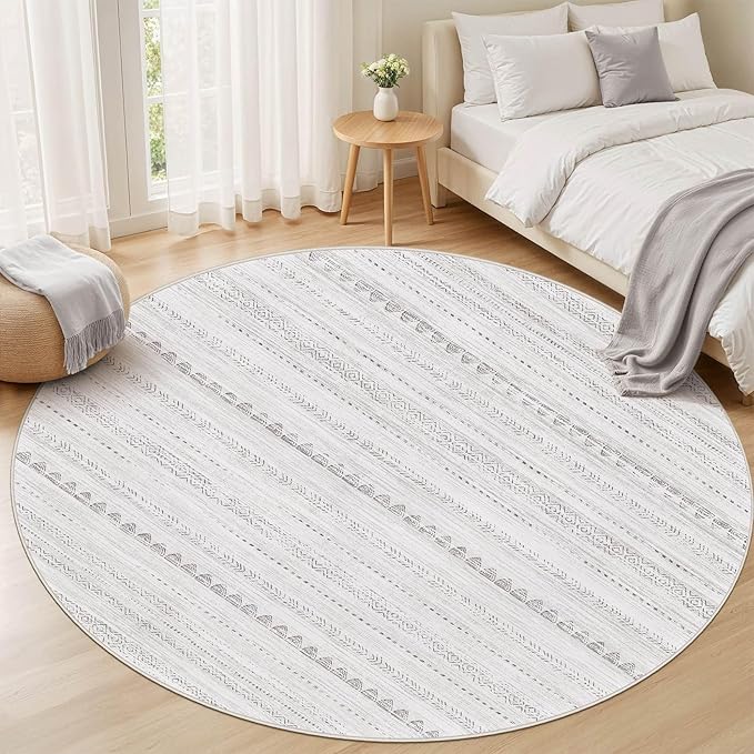 Nakagishi Round Rug Boho Area Rugs: 6x6 Washable Large Circle Neutral Soft Stain Resistant Non-Slip Carpet for Women Aged 25-45 Farmhouse Decor Enthusiasts - Living Room Bedroom Dining Room Nursery