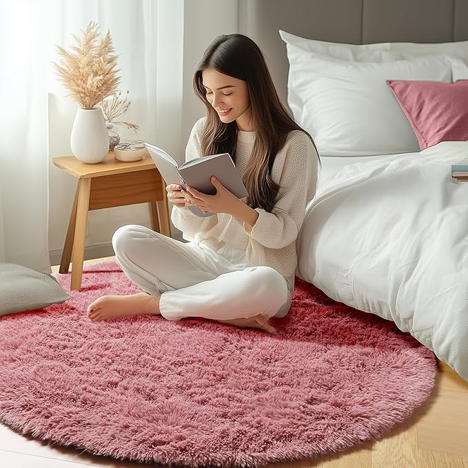 ONASAR Blush Round Area Rugs 5ft, Soft Bedroom Circle Rug Mats for Kids Girls Teen Room, Fluffy Plush Shaggy Carpet for Dorm Nursery Living Room Playroom Home Decor Princess Castle