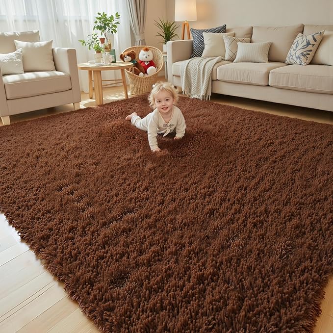 Area Rugs 9x12 Living Room, Shaggy Carpet Soft Plush Furry Bedside Rug Large Area Rugs for Bedroom Kids Girls Boys Home Decor Anti Slip(9 x 12, Coffee)