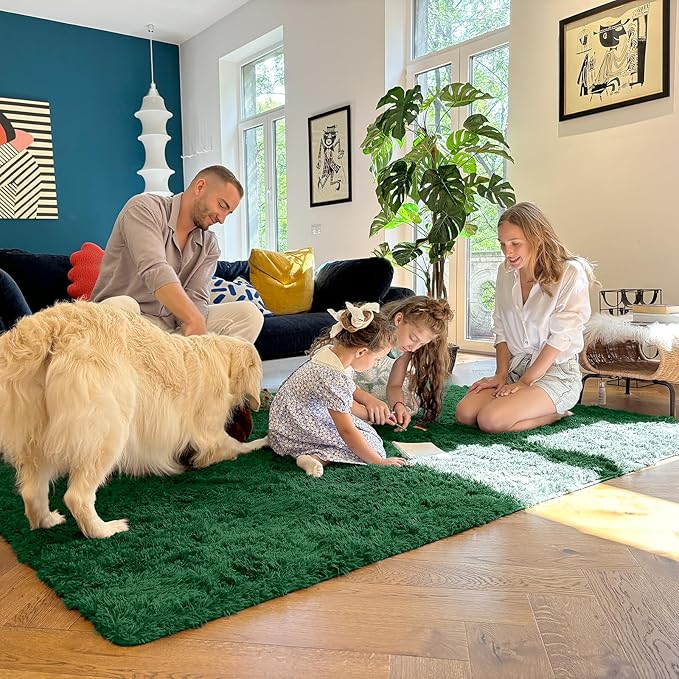 OLANLY 9x12 Machine Washable Large Area Rugs for Living Room, Bedroom, Soft Fluffy Shaggy Bedside Rug, Indoor Floor Carpet for Kids Girls and Boys, Dorms, Nursery, Home Decor Aesthetic, Dark Green