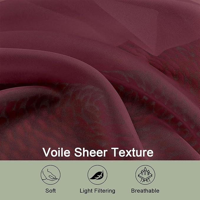 OWENIE Sheer Curtains 84 Inches Long 2 Panels Set, Burgundy Sheer Curtain for Living Room Bedroom, Modern Filmy Rod Pocket Curtains Drapes, 2 Pcs, Each 59 W x 84L, Burgundy