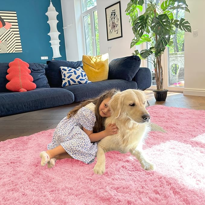 OLANLY 5x7 Machine Washable Large Area Rugs for Living Room, Bedroom, Soft Fluffy Shaggy Bedside Rug, Indoor Floor Carpet for Kids Girls and Boys, Dorms, Nursery, Home Decor Aesthetic, Pink