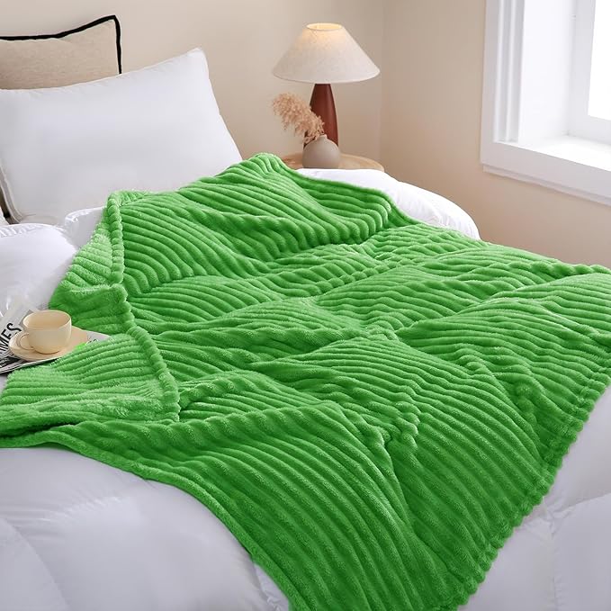 Bright Green Fleece Throw Blanket 60”×80” for Couch Sofa Bed,Super Soft Cozy Plush Microfiber Flannel Blanket with Stripes Design Lightweight for Adults,Woman,Girls