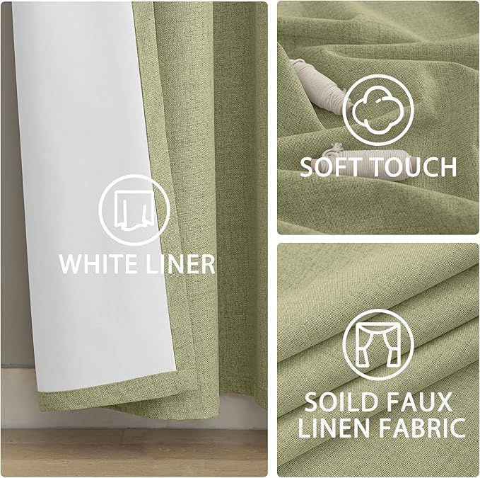 Yakamok Sage Green Linen Curtains 100% Blackout 72 Inches Long,Room Darkening Textured Curtains for Living Room Thermal Grommet Bedroom Curtain 2 Panels with Greyish White Liner