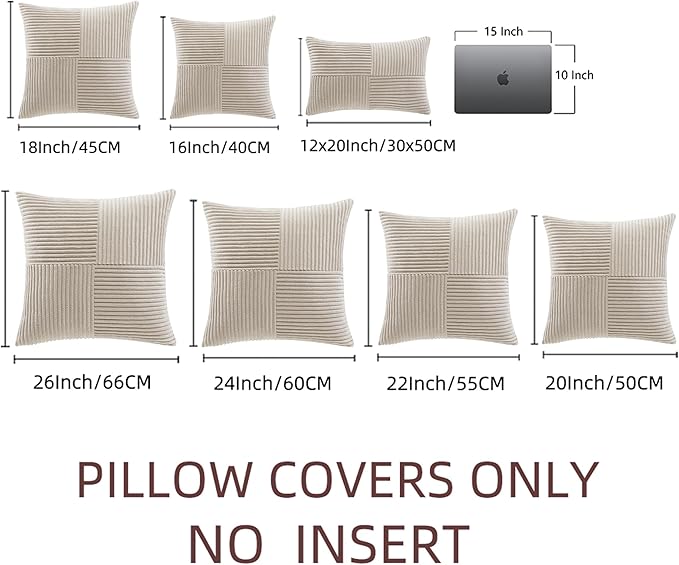 Fancy Homi 2 Packs Neutral Taupe Decorative Throw Pillow Covers 20x20 Inch for Living Room Couch Bed Sofa, Farmhouse Boho Home Decor, Soft Corss Corduroy Patchwork Accent Square Cushion Case 50x50 cm