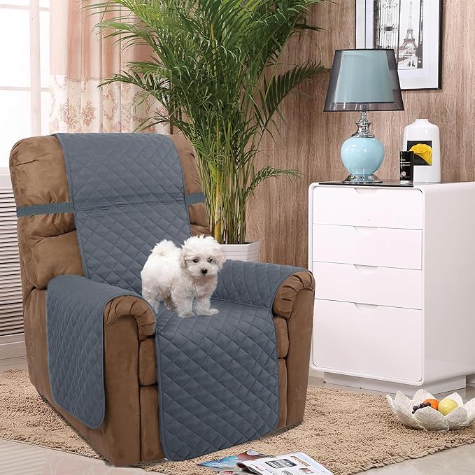 U-NICE HOME Recliner Chair Covers Reversible Quilted Water Repellent Pet Protectors with Elastic Straps (23''Recliner Small, Dark Blue/Light Grey)