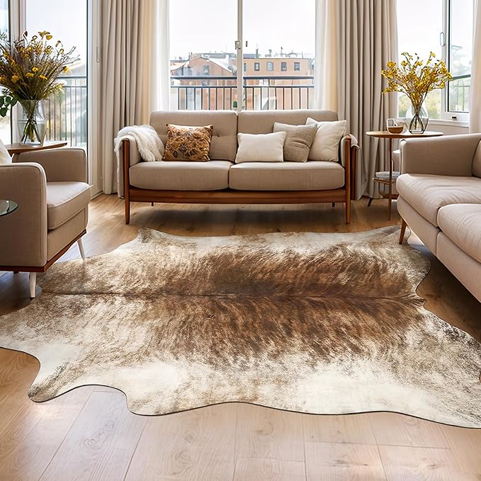 AROGAN Western Decor Faux Fur Cowhide Rug, 4 x 3 Feet Premium Animal Skin Cow Hide Rug, Sturdy Cow Print Rugs for Wall Decor, Western Floor Carpet for Bedroom Living Room, Brownish