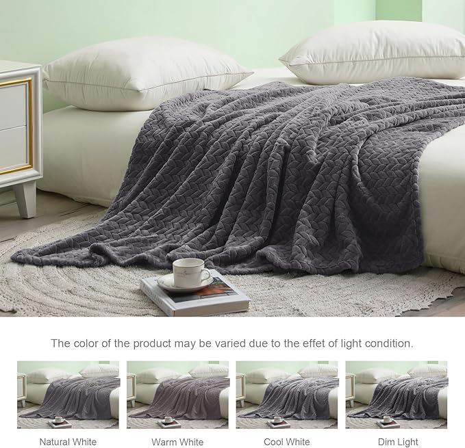 Exclusivo Mezcla Fleece Twin Size Blanket for Bed, 60x80 Inches Soft Cozy Jacquard Flannel Blankets, Lightweight Fuzzy Plush Warm for Women, Dark Grey