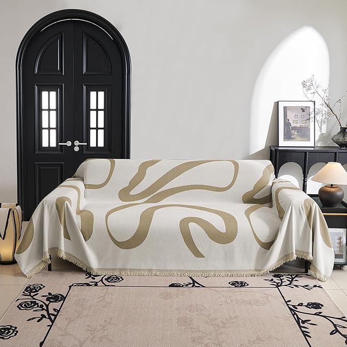 MYSKY HOME Couch Cover for 3 Cushion Sofa, Super Soft Boho Couch Covers for Dogs Washable, Jacquard Slipcover Furniture Protector for Living Room, 91" x 134", Khaki Curve