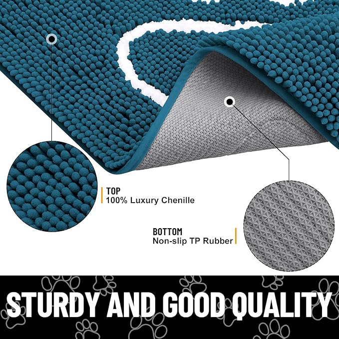 Smiry Dog Door Mat for Muddy Paws, Absorbent Dirt Trapper Non Slip Quick Dry Washable Chenille Mat for Mud Dogs, Entry Rug for Indoor and Outdoor (36x24 Inches, Atlantic Blue and White)