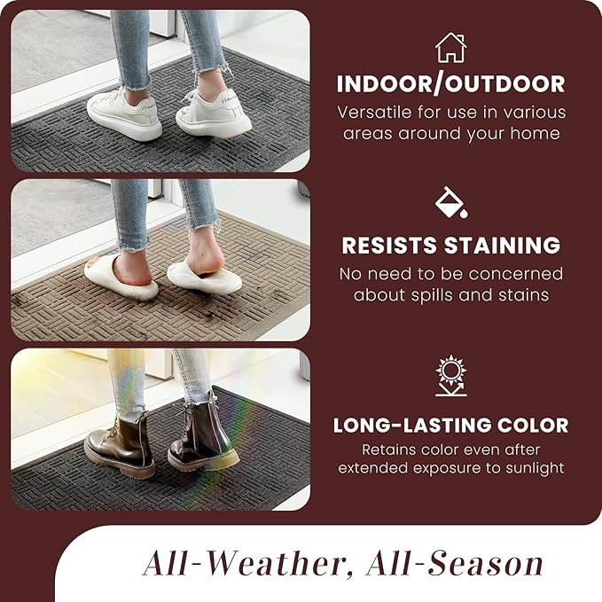 Mibao Front Door Mat Indoor Outdoor Entrance, Dirt Trapping Waterproof All-Season, All-Weather Doormat, Non-Slip Durable Natural Rubber Low Profile Easy Clean Patio Entrance Mat, 29.5" x 17", Beige