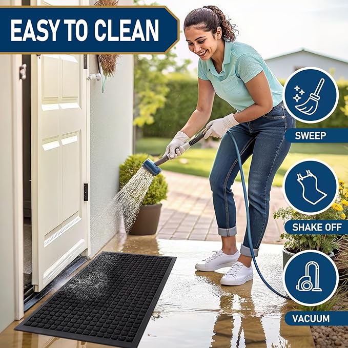 Smiry Front Door Mat Outside Entrance, Heavy Duty Natural Rubber Doormat, Non Slip, Trap Dirt and Moisture, Easy Clean, Low Profile Welcome Floor Mats for Indoor Outdoor Entry, 47x23 Inch, Black