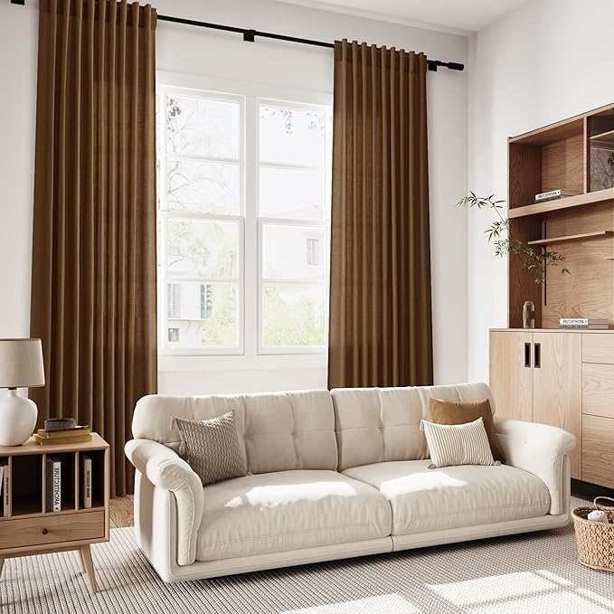 Tobacco Brown Linen Curtains 90 Inch Long for Bedroom Living Room Linen Textured Window Drapes Semi Sheer Light Filtering Rod Pocket Back Tab Cotton Textured Farmhouse Curtain 52x90,2 Panels