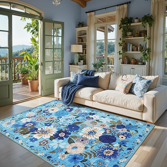 Area Rug 4x6 Rug Washable Boho Rugs Non Slip Low Pile Floral Small Carpet for Bedroom, Bedside, Kids Room, Office, Dining Room(Blue Garden, 4 x 6)