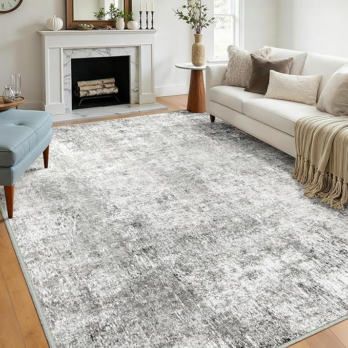 Washable Area Rugs 5'x7' Non-Slip Modern Abstract Soft for Living Room Entryway Bedroom Nursery, Print Pattern, Gray White Grey