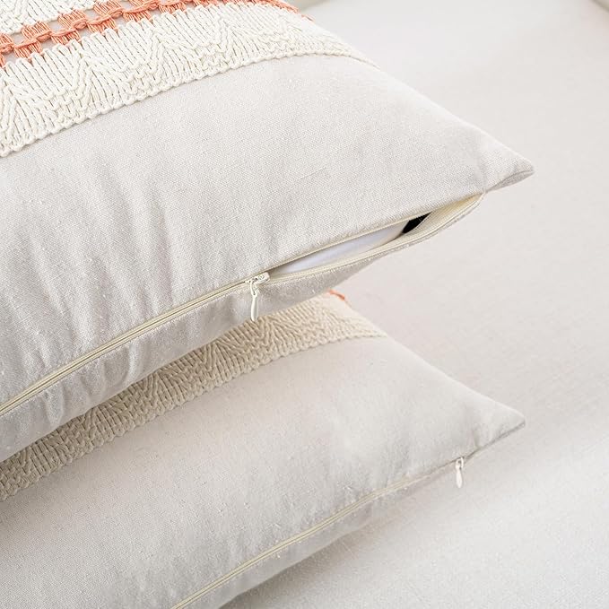 Fancy Homi Set of 1 Boho Coral Lumbar Decorative Throw Pillow Cover 12x20 Inch for Couch Bed Sofa Chair, Modern Organic Farmhouse Home Decor, Soft Cotton Cute Accent Rectangle Cushion Case