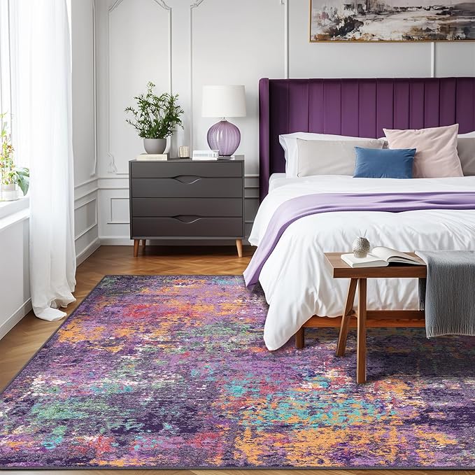 Washable Area Rugs 7'x9' Non-Slip Modern Abstract Soft for Living Room Entryway Bedroom Nursery, Print Pattern, Purple Orange Blue Green Rust Red Colorful