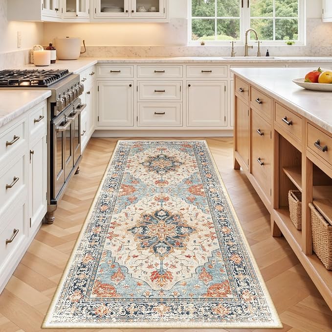 RELEANY Area Rugs 3'x8' Runner Rug Non Slip Washable for Kitchen Hallway Bedroom Beside Laundry Room Bathroom Rug, Floor Carpet, Beige Navy Blue Orange Colorful