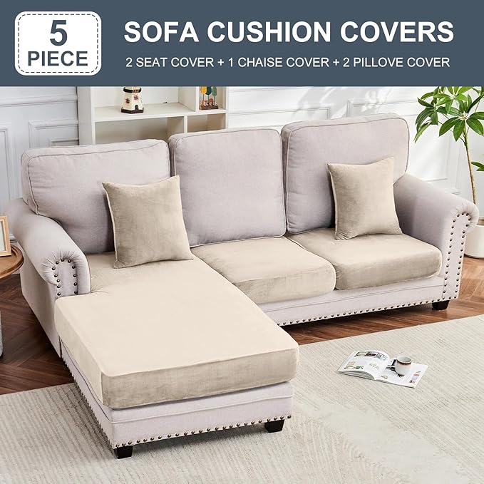 Couch Cover 3-Piece Elastic Velvet Couch Cushion Covers & Chaise Slipcovers for L-Shaped Sofas - Sofa Seat Covers Washable, Soft Protector for Couches (2 Seater + Chaise, Cream)