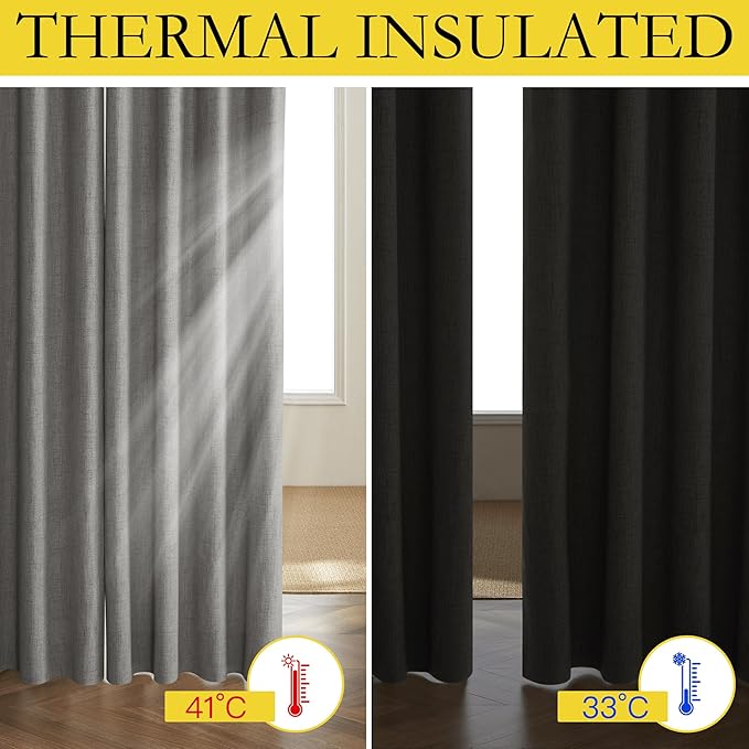 NICETOWN Grizzle Gray Vintage Linen 100% Blackout Curtains for Living Room, Thermal Insulated Curtains 108“ Long, Noise Reducing Window Treatment Drapes for Home Office, 62" Wide Per Panel, Set of 2
