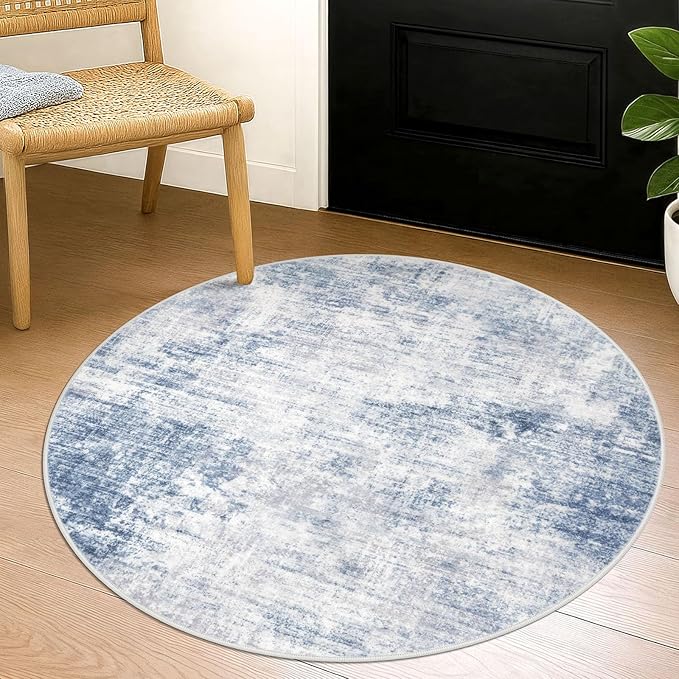 IOHOUZE Round Area Rug 3 Ft Circle Entryway Rugs Round Washable Door Mat Indoor Entrance, Non Slip Circle Front Door Rug, Printed Abstract Faux Wool Floor Carpet for Foyer Porch Sink, Light Blue Grey