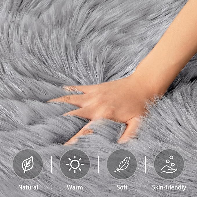 Ciicool Faux Sheepskin Rugs Soft Faux Fur Rug Grey Fluffy Chair Couch Cover Furry Rug for Bedroom Floor Sofa Living Room 2x3 Feet
