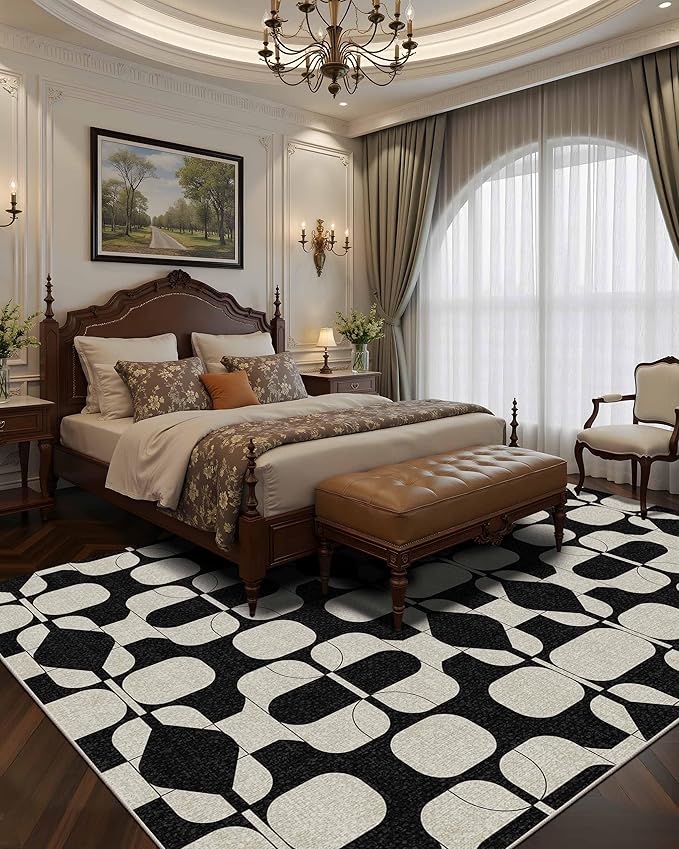 Latte&Fog 8x10 Area Rugs for Living Room, Large Vintage Washable Rug, Boho Non Slip Low Pile Carpet for Indoor Bedroom, Dining Room, Office, Dorm, Classroom, Farmhouse and Kids Room - Black Beige