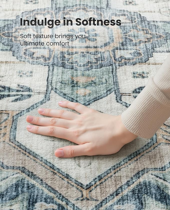 AMADA HOMEFURNISHING 2'6"x10' Washable Area Rug, Low-Profile Entryway Rug with Non-Slip Backing & Durable Edge Binding, Vintage Rug Pattern, Small Rugs for Entryway, Kitchen & Living Room