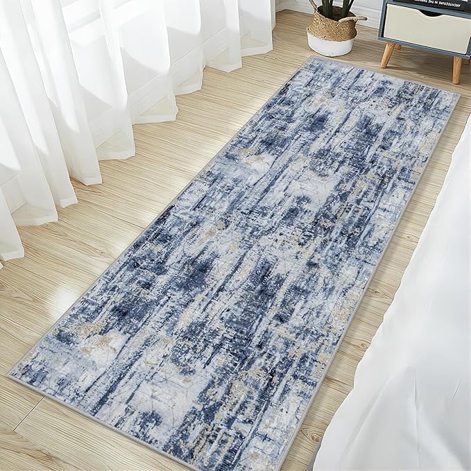 2'6''x8' Runner Rugs Washable Rug: Modern Abstract Hallway Runner Rug Indoor Soft Low Pile Thin Carpet Anti-Skid Non-Shedding Carpets for Kitchen, Entryway, Laundry, Bedroom - Blue Gold