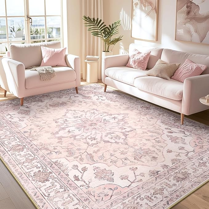 RELEANY Area Rugs 6'x8' Washable Non-Slip, Floral Vintage Distress Print Pattern Medallion Carpet for Living Room Bedroom Dining Room, Pink Greypink Cute