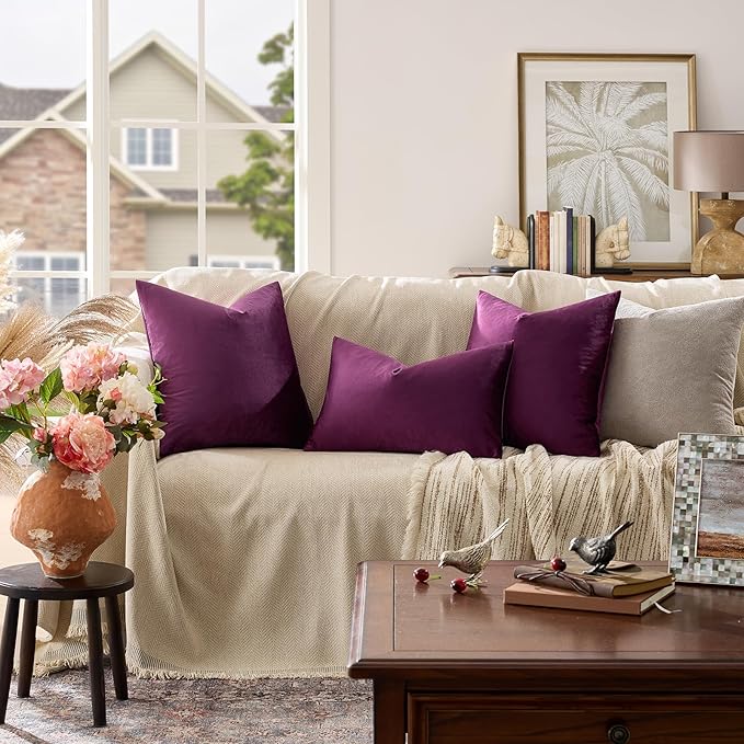 GIGIZAZA Purple 12x20 Lumbar Velvet Decorative Throw Pillow Covers for Sofa Bed 2 Pack Soft Cushion Cover