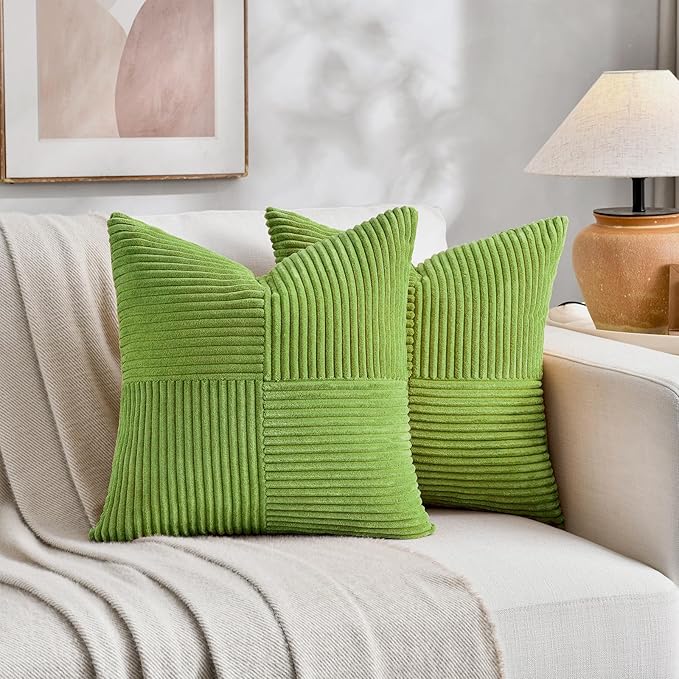 Fancy Homi Set of 2 Lime Green Samll Decorative Throw Pillow Covers 14x14 Inch with for Couch Bed Sofa, Modern Farmhouse Boho Home Decor, Soft Cross Patchwork Corduroy Square Cushion Case 35x35 cm