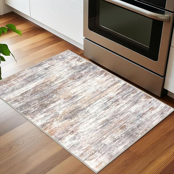 KOZYFLY Modern Abstract Small Area Rugs 2x3, Washable Kitchen Rug Non-Slip Soft Small Bathroom Rug, Multi Grey/Orange Striped Entryway Rugs Print Faux Wool Doormat