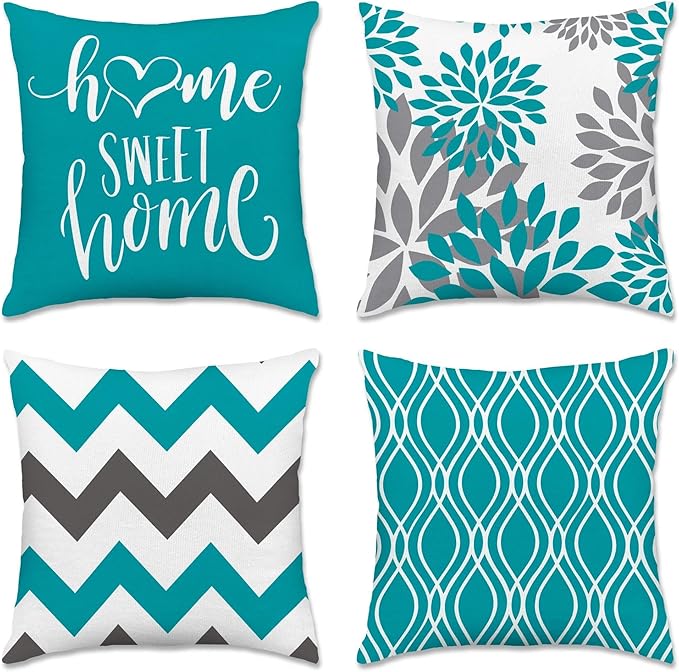 Hexagram Geometric Teal Pillow Covers 20x20 Set of 4, Decorative Outdoor Boho Modern Throw Pillow Covers, Home Sweet Home Farmhouse Cushion Case for Couch Sofa Bedroom Indoor Decor(No Insert)