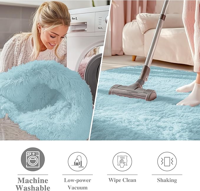 OLANLY Light Blue Round Rugs for Bedroom - Machine Washable, 9 ft Circle Area Rugs for Living Room, Soft and Fluffy Shaggy Carpet for Teen Girl and Boys, Nursery Rooms, Dorms, Home Decor Aesthetic
