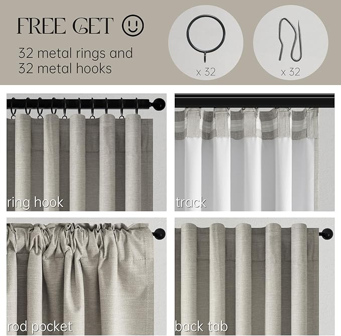 Flax Grey Blackout Curtains 95 Inch Length 2 Panels for Dining Room Darkening Curtain for Bedroom Linen Textured 100% Black Out Sunblock Light Blocking Long Drapes for Living Room Patio Door Back Tab