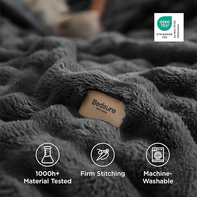 Bedsure 3D Fleece Bubble Blanket - GentleSoft Grey Queen Blanket for Bed Sofa Room Decor - Luxury Soft Cozy Gifts for Kids, Lightweight, All Seasons, Dark Grey, 90"×90"