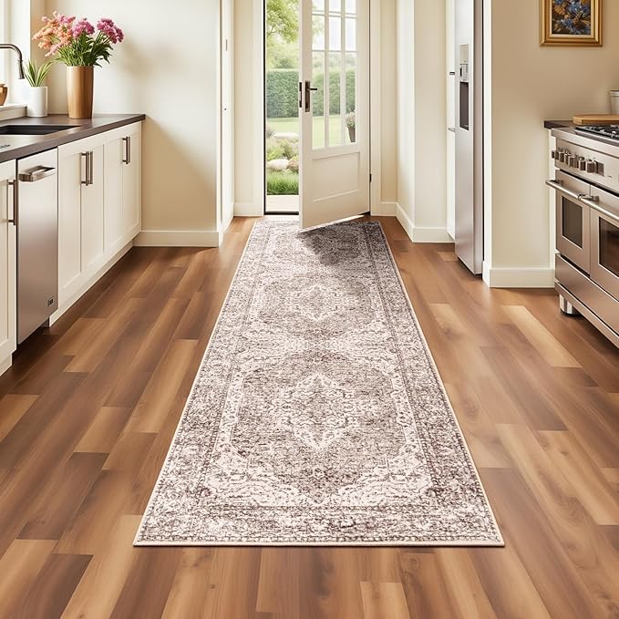 Lofus 2x8 Runner Rug for Hallways, Washable Kitchen Rugs, Non-Slip Rugs for Entryway and Bedroom, Vintage Boho Carpet, Soft Low Pile Long Runner Area Rug, Vintage Beige Brown