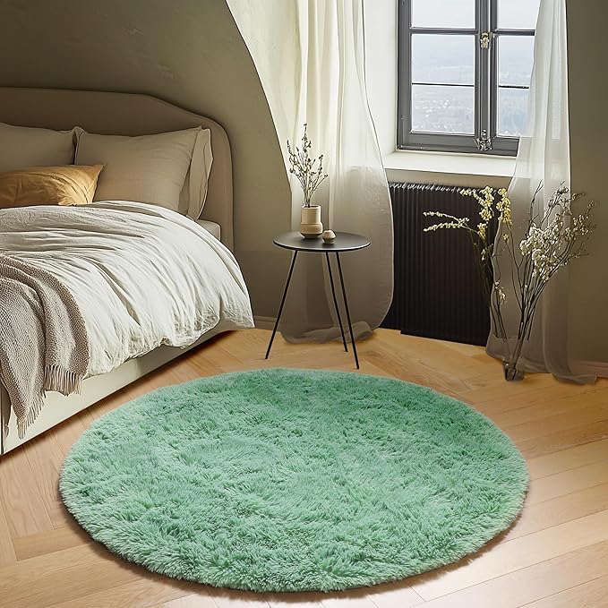 ONASAR Sage Green Round Area Rug 4ft, Fluffy Soft Bedroom Circle Rugs for Kids Girls Boys Teen Dorm Room, Cute Furry Plush Shaggy Carpet for Nursery Living Room Playroom Christmas Home Decor