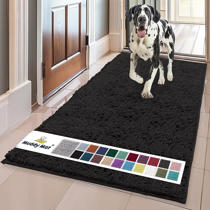Muddy Mat® | Super Absorbent Door Mat Indoor, Microfiber Quick Dry Chenille Entryway Rug, Non-Slip Front Door Mat, Indoor Mats for Entryway, Machine Washable Pet Rug, Black 24"x72"